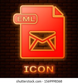 Glowing neon EML file document. Download eml button icon isolated on brick wall background. EML file symbol.  Vector Illustration