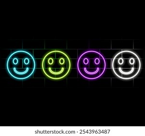 Ícone de emoticon neon brilhante. rosto sorridente ícone neon. linha neon ícone sorriso feliz no fundo preto.