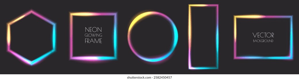 Glowing neon empty frames set. Vector illustration. Color gradient abstract shapes background, banner, poster design elements. Square, rectangle, hexagon, circle led border