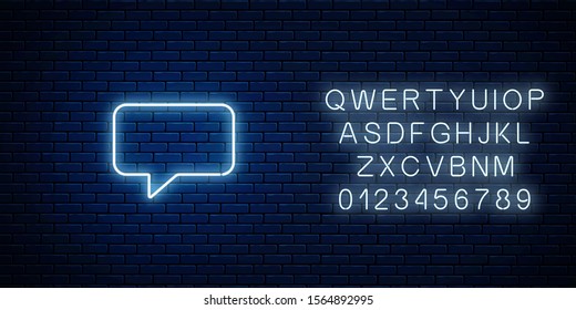 Glowing neon empty speech bubble frame. Rectangle blank speech bubble in neon style with alphabet. Vector illustration.