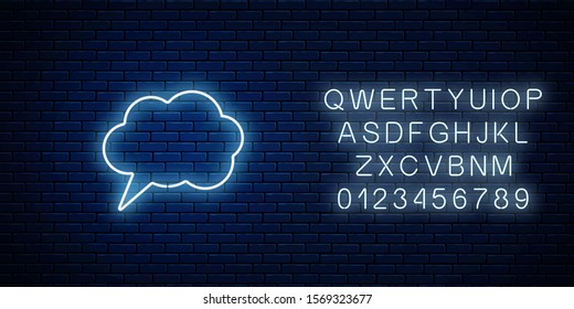 Glowing neon empty speech bubble frame with alphabet. Cloud blank speech bubble in neon style on dark brick wall background. Vector illustration.