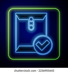 Glowing neon Envelope and check mark icon isolated on blue background. Successful e-mail delivery, email delivery confirmation.  Vector