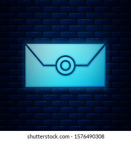 Glowing neon Envelope with christmas party invitation card icon isolated on brick wall background. Merry Christmas and Happy New Year.  Vector Illustration