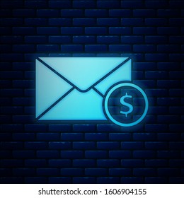 Glowing neon Envelope with coin dollar symbol icon isolated on brick wall background. Salary increase, money payroll, compensation income.  Vector Illustration