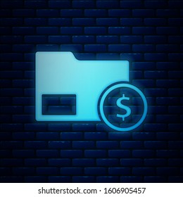 Glowing neon Envelope with coin dollar symbol icon isolated on brick wall background. Salary increase, money payroll, compensation income.  Vector Illustration