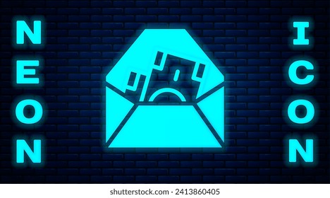Glowing neon Envelope with coin dollar symbol icon isolated on brick wall background. Salary increase, money payroll, compensation income.  Vector