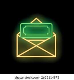 Glowing neon envelope containing a bill is showing the concept of online payment