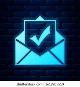 Glowing neon Envelope with document and check mark icon on brick wall background. Successful e-mail delivery, email delivery confirmation, successful verification concepts. Vector Illustration