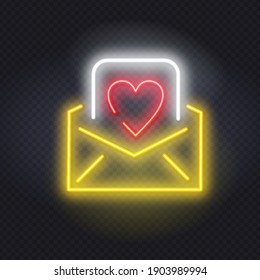 Glowing neon envelope with a heart. Love letter neon signboard. Valentine greeting card. Simple vector icon. heart stamp. St. Valentine Day, mail, love correspondence concept.