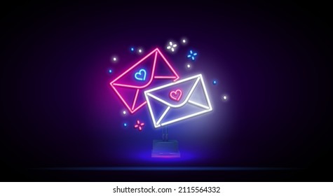 Glowing neon envelope with a heart. Love letter neon signboard. Valentine greeting card. Simple vector icon. Night bright neon sign, colorful billboard, light banner