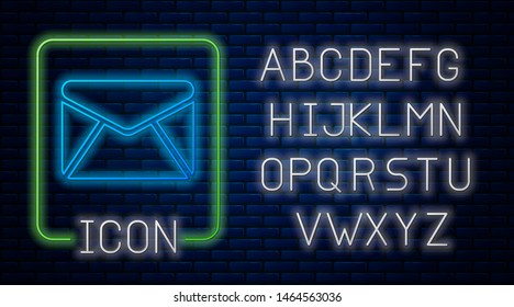 Glowing neon Envelope icon isolated on brick wall background. Email message letter symbol. Neon light alphabet. Vector Illustration