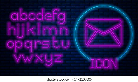 Glowing neon Envelope icon isolated on brick wall background. Email message letter symbol. Neon light alphabet. Vector Illustration