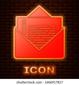Glowing neon Envelope icon isolated on brick wall background. Email message letter symbol.  Vector Illustration