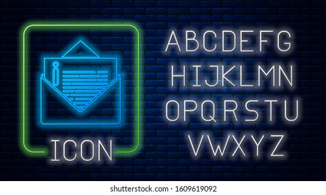 Glowing neon Envelope icon isolated on brick wall background. Email message letter symbol. Neon light alphabet. Vector Illustration
