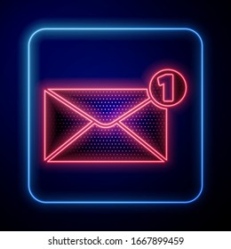 Glowing neon Envelope icon isolated on blue background. Received message concept. New, email incoming message, sms. Mail delivery service.  Vector Illustration