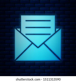 Glowing neon Envelope with invitation card icon isolated on brick wall background.  Vector Illustration