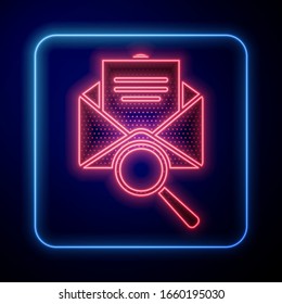 Glowing neon Envelope mail with magnifying glass icon isolated on blue background.  Vector Illustration