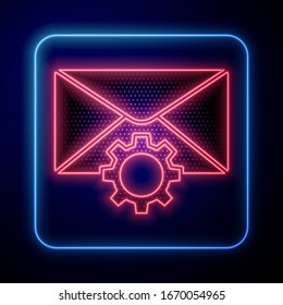 Glowing neon Envelope setting icon isolated on blue background.  Vector Illustration