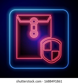 Glowing neon Envelope with shield icon isolated on blue background. Insurance concept. Security, safety, protection, protect concept.  Vector Illustration