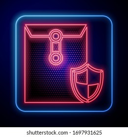 Glowing neon Envelope with shield icon isolated on blue background. Insurance concept. Security, safety, protection, protect concept.  Vector Illustration