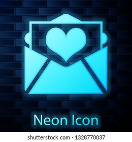 Glowing neon Envelope with Valentine heart icon isolated on brick wall background. Letter love and romance. Vector Illustration