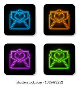 Glowing neon Envelope with Valentine heart icon isolated on white background. Letter love and romance. Black square button. Vector Illustration