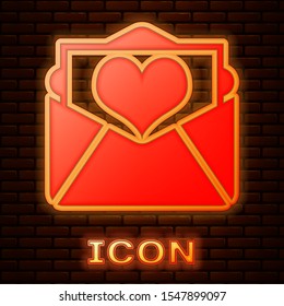 Glowing neon Envelope with Valentine heart icon isolated on brick wall background. Letter love and romance.  Vector Illustration