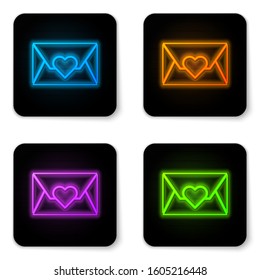 Glowing neon Envelope with Valentine heart icon isolated on white background. Message love. Letter love and romance. Black square button. Vector Illustration