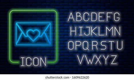 Glowing neon Envelope with Valentine heart icon isolated on brick wall background. Message love. Letter love and romance. Neon light alphabet. Vector Illustration