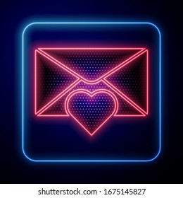 Glowing neon Envelope with Valentine heart icon isolated on blue background. Message love. Letter love and romance.  Vector Illustration
