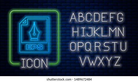 Glowing neon EPS file document. Download eps button icon isolated on brick wall background. EPS file symbol. Neon light alphabet. Vector Illustration