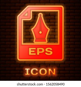 Glowing neon EPS file document. Download eps button icon isolated on brick wall background. EPS file symbol.  Vector Illustration