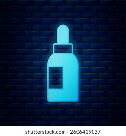 Glowing neon Essential oil bottle icon isolated on brick wall background. Organic aromatherapy essence. Skin care serum glass drop package.  Vector