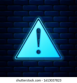 Glowing neon Exclamation mark in triangle icon isolated on brick wall background. Hazard warning sign, careful, attention, danger warning important sign.  Vector Illustration