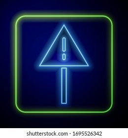 Glowing neon Exclamation mark in triangle icon isolated on blue background. Hazard warning sign, careful, attention, danger warning sign.  Vector Illustration