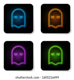 Glowing neon Executioner mask icon isolated on white background. Hangman, torturer, executor, tormentor, butcher, headsman icon. Black square button. Vector Illustration