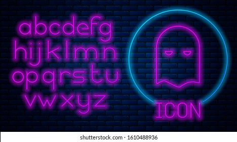 Glowing neon Executioner mask icon isolated on brick wall background. Hangman, torturer, executor, tormentor, butcher, headsman icon. Neon light alphabet. Vector Illustration
