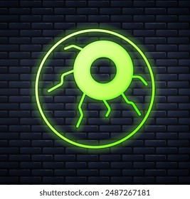 Glowing neon Eye icon isolated on brick wall background. Happy Halloween party.  Vector