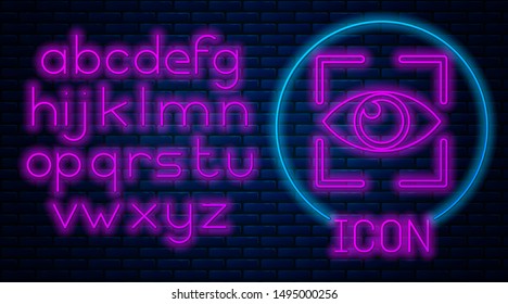 Glowing neon Eye scan icon isolated on brick wall background. Scanning eye. Security check symbol. Cyber eye sign. Neon light alphabet. Vector Illustration