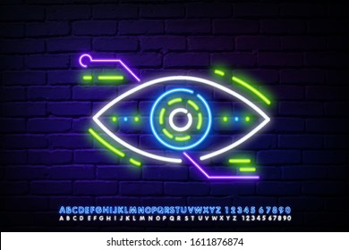 Glowing neon Eye scan icon isolated on brick wall background. Scanning eye. Security check symbol. Cyber eye sign. Vector Illustration. Neon robot's eye. eSport neon light icon