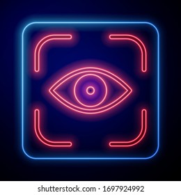 Glowing neon Eye scan icon isolated on blue background. Scanning eye. Security check symbol. Cyber eye sign.  Vector Illustration