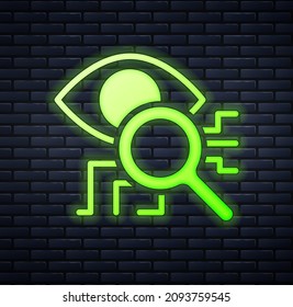 Glowing Neon Eye Scan Icon Isolated On Brick Wall Background. Retinal Scan. Scanning Eye. Security Check Symbol. Cyber Eye Sign.  Vector