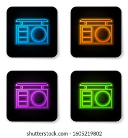 Glowing neon Eye shadow palette with brush icon isolated on white background. Black square button. Vector Illustration