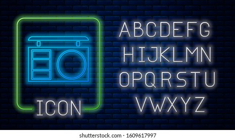Glowing neon Eye shadow palette with brush icon isolated on brick wall background. Neon light alphabet. Vector Illustration
