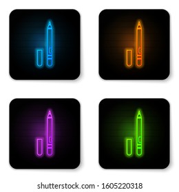 Glowing neon Eyeliner, eyebrow icon isolated on white background. Pencil for eyes. Black square button. Vector Illustration