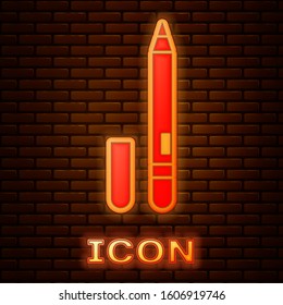 Glowing neon Eyeliner, eyebrow icon isolated on brick wall background. Pencil for eyes.  Vector Illustration