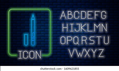 Glowing neon Eyeliner, eyebrow icon isolated on brick wall background. Pencil for eyes. Neon light alphabet. Vector Illustration