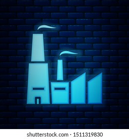 Glowing neon Factory icon isolated on brick wall background. Industrial building.  Vector Illustration