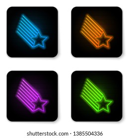 Glowing neon Falling star icon isolated on white background. Shooting star with star trail. Meteoroid, meteorite, comet, asteroid, star icon. Black square button. Vector Illustration