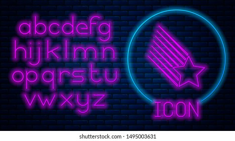 Glowing neon Falling star icon isolated on brick wall background. Shooting star with star trail. Meteoroid, meteorite, comet, asteroid, star icon. Neon light alphabet. Vector Illustration